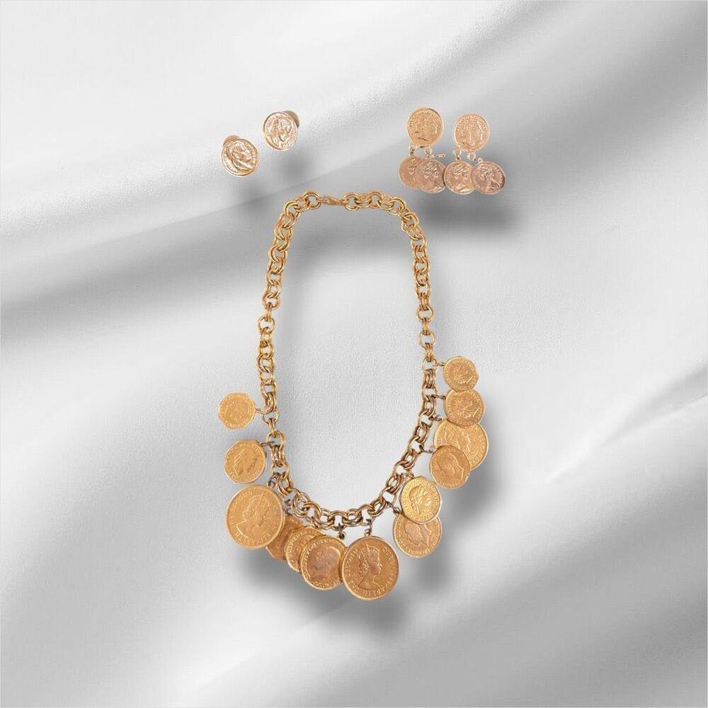 Vintage Gold-Tone Coin Statement Necklace & Earrings Set – Queen Elizabeth II Me